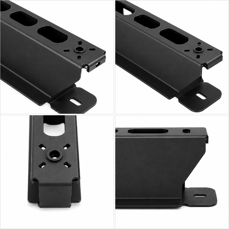 Custom black sheet metal mounting bracket details