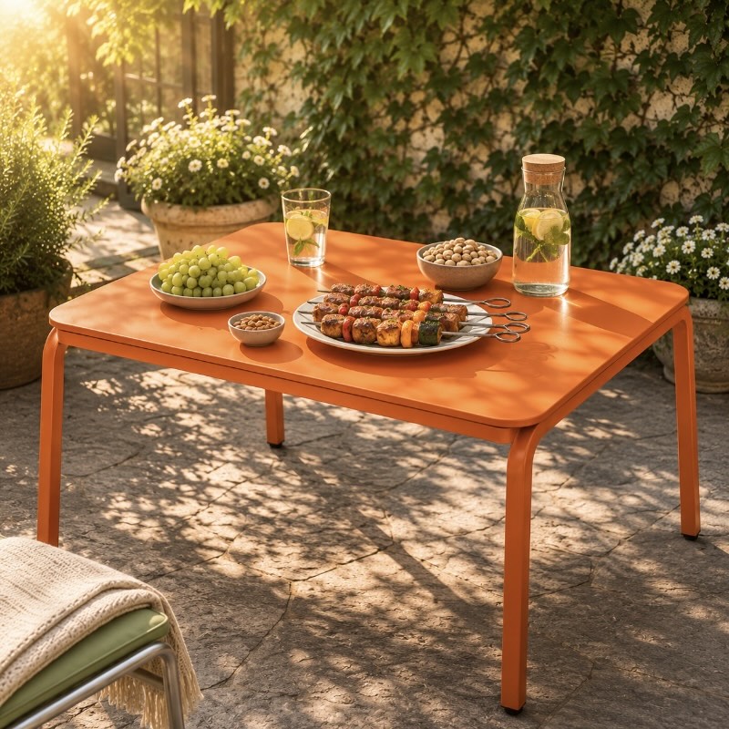 orange metal outdoor dining table in a sunny garden