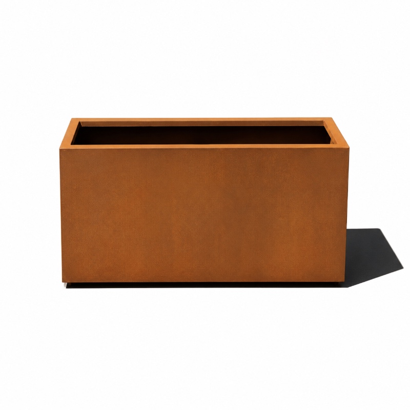 Rectangular corten steel planter box on white background