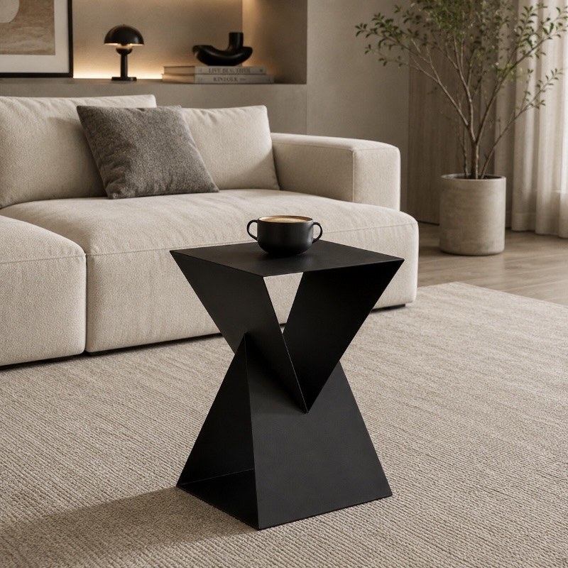 Black geometric metal side table in modern living room